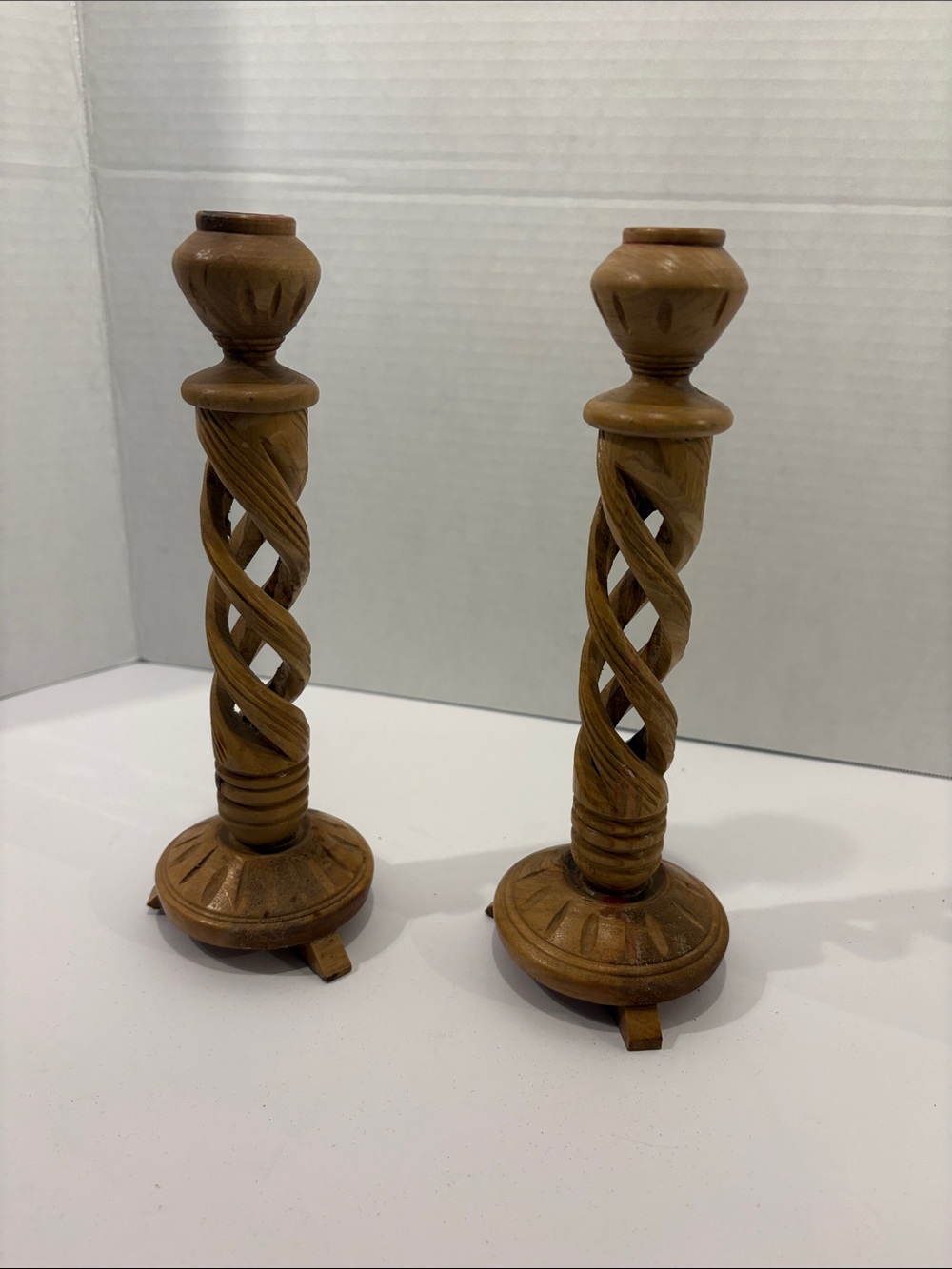 Hand-Carved Spiral Wood Candlestick Pair - Brown Home Accent